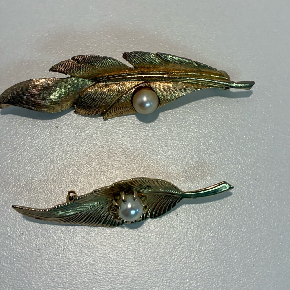 Vintage etched leaf and pearl brooches. Pick one
